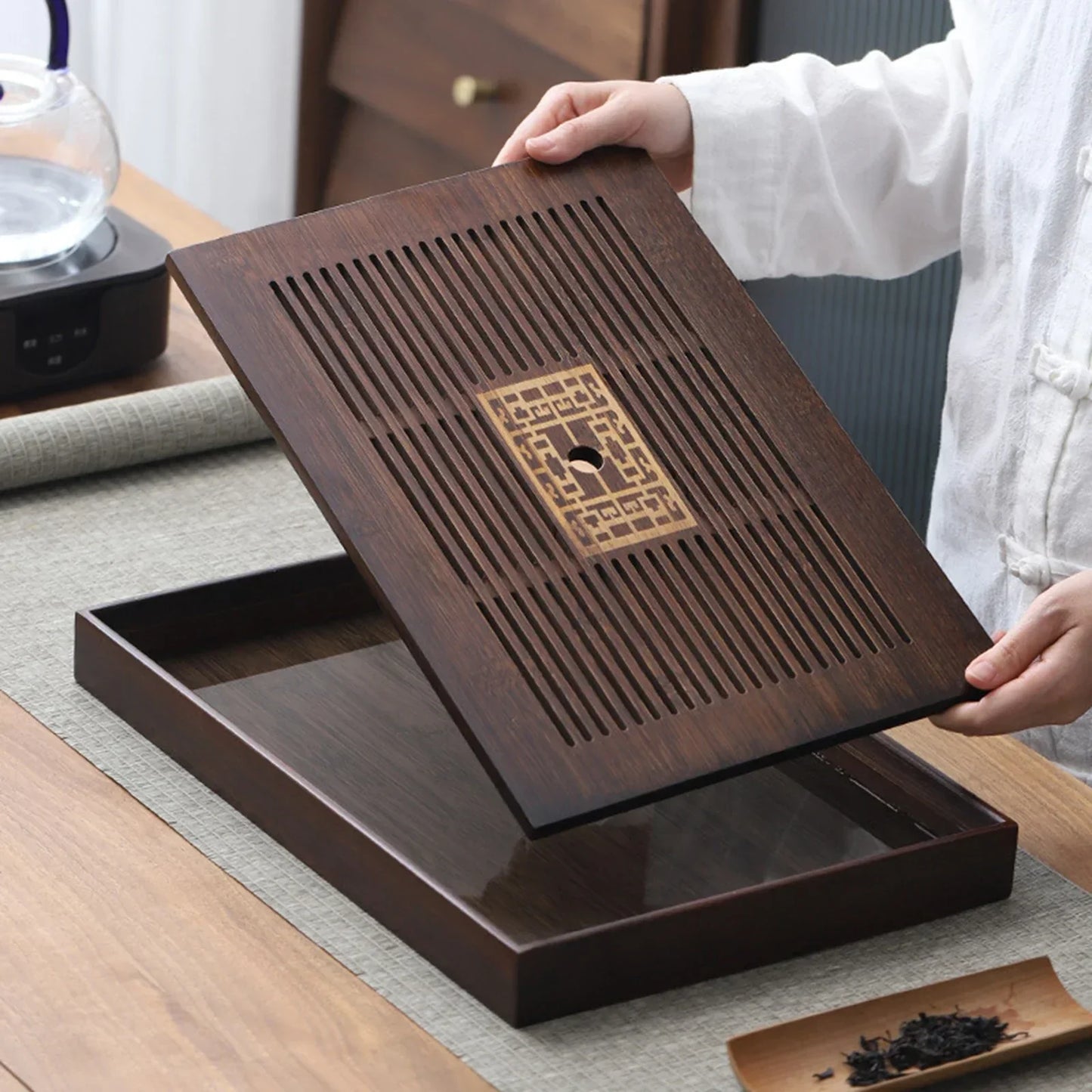 Bamboo Chinese Tea Tray with Removable Water Storage and Quick Drainage