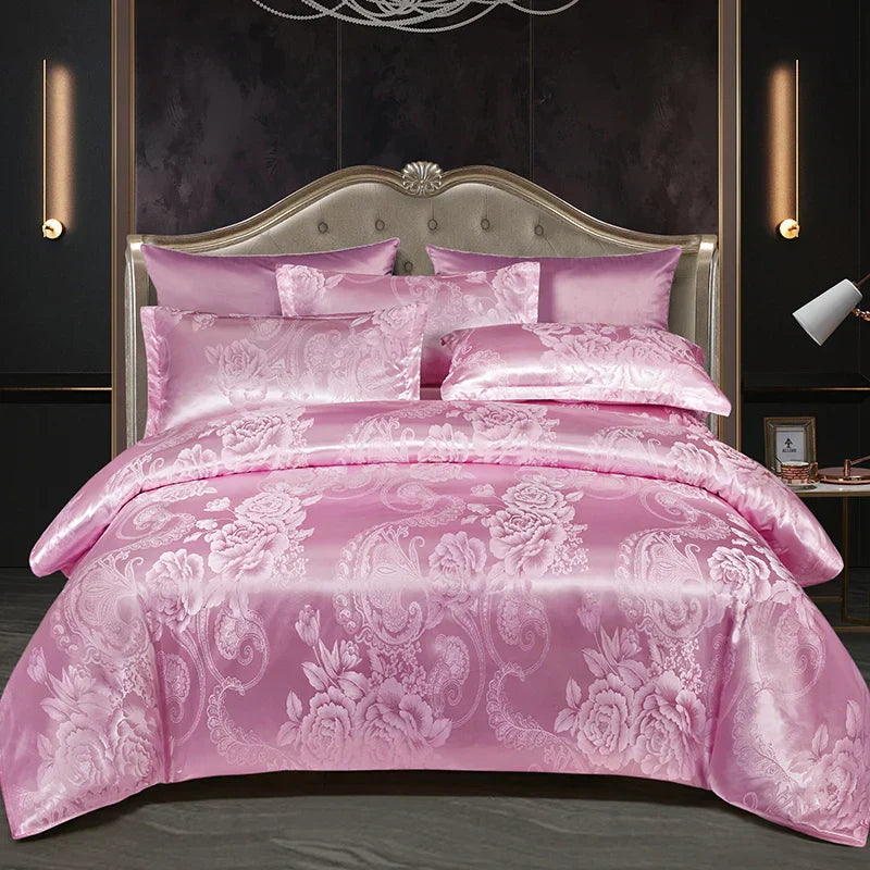 Satin Rayon Jacquard Duvet Cover Set in Gold and Blue