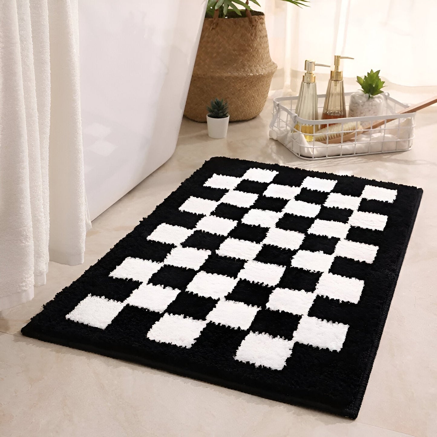 Black and White Checkered Microfiber Bath Mat