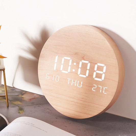 Wooden Digital Clock with Temperature Display - Modern Minimalist Design