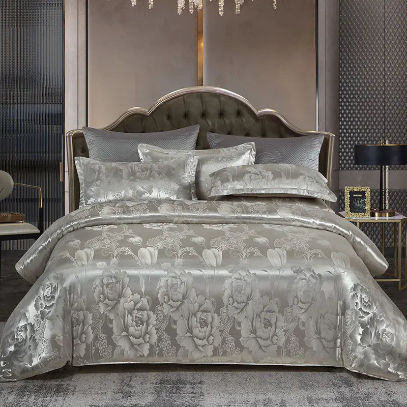 Satin Rayon Jacquard Duvet Cover Set in Gold and Blue