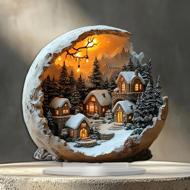 Boho Acrylic Winter Village Table Decoration with Warm Light