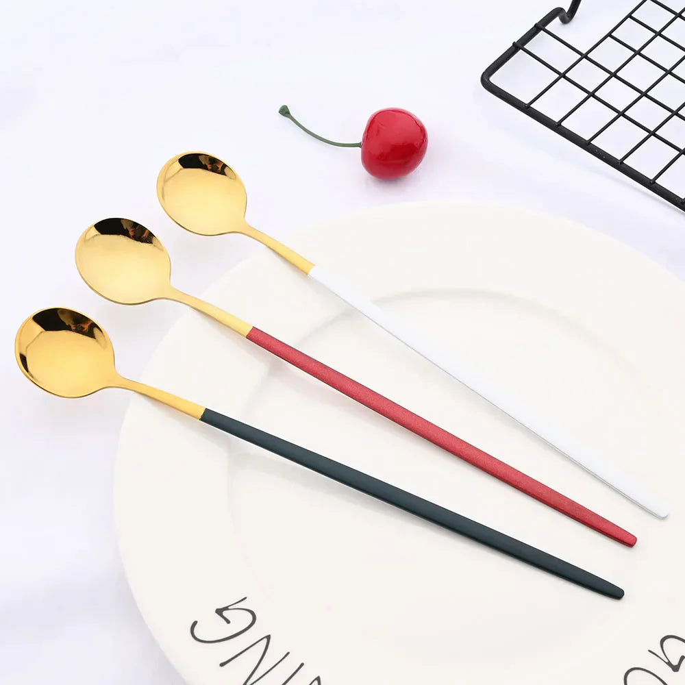 Golden Stainless Steel Long Handle Spoon Set for 6