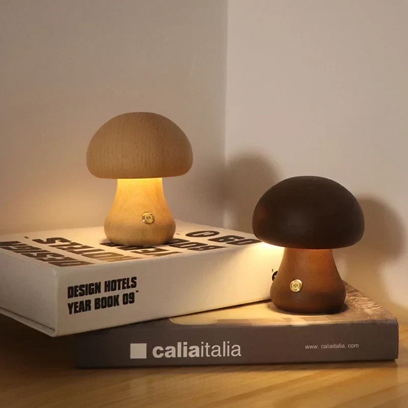 Mushroom-Shaped Wooden Touch-Control LED Lamp