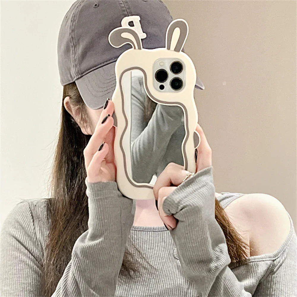 Rabbit Ear iPhone Case with Built-In Mirror, TPU Protective Cover