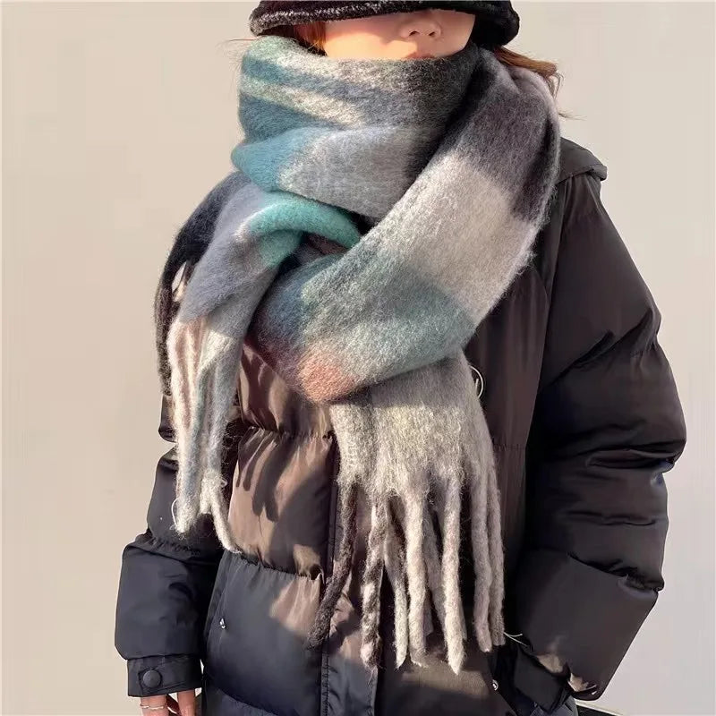 Large Soft Plaid Wool Blend Winter Scarf with Fringed Edges