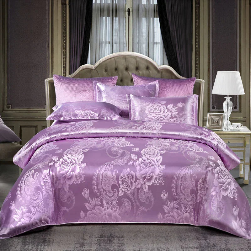 Satin Rayon Jacquard Duvet Cover Set in Gold and Blue