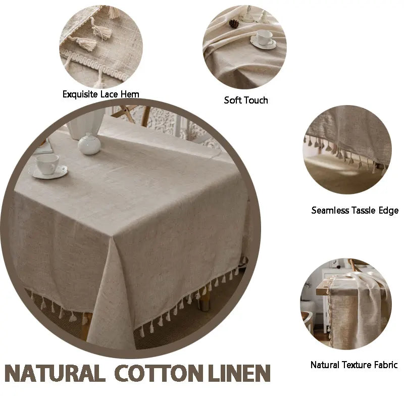 Cotton-Linen Rectangular Tablecloth with Fringes for Weddings and Easter Decorations