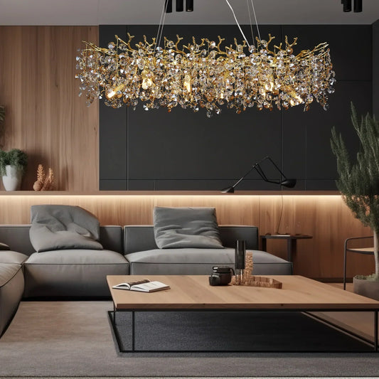 Long Crystal Pendant Chandelier with Remote Control - Nordic LED Island Light