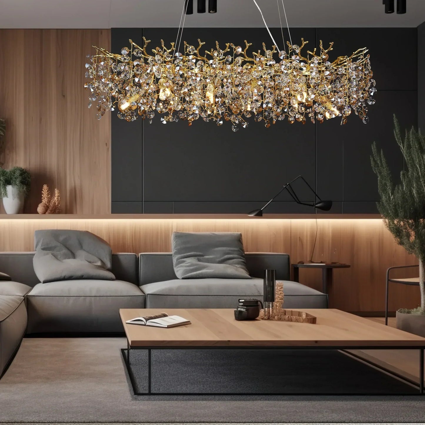 Long Crystal Pendant Chandelier Nordic LED Island Light with Remote Control