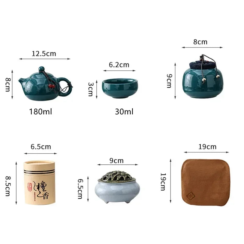 Traditional Ceramic Tea Set with Teapot, Cups, and Incense Holder