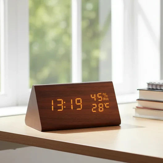Wooden Look LED Alarm Clock with Three Alarms and Temperature Display