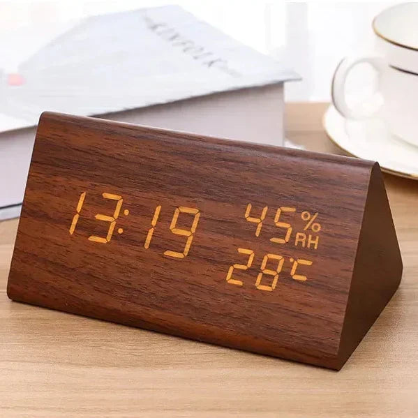 Wooden Look LED Alarm Clock with Three Alarms and Temperature Display