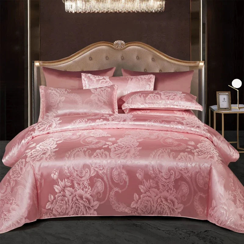 Satin Rayon Jacquard Duvet Cover Set in Gold and Blue