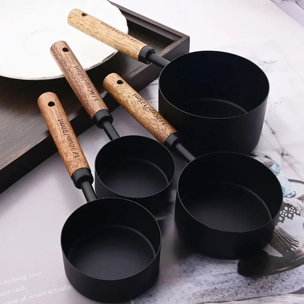 Stainless Steel Measuring Cups and Spoons Set with Wooden Handles