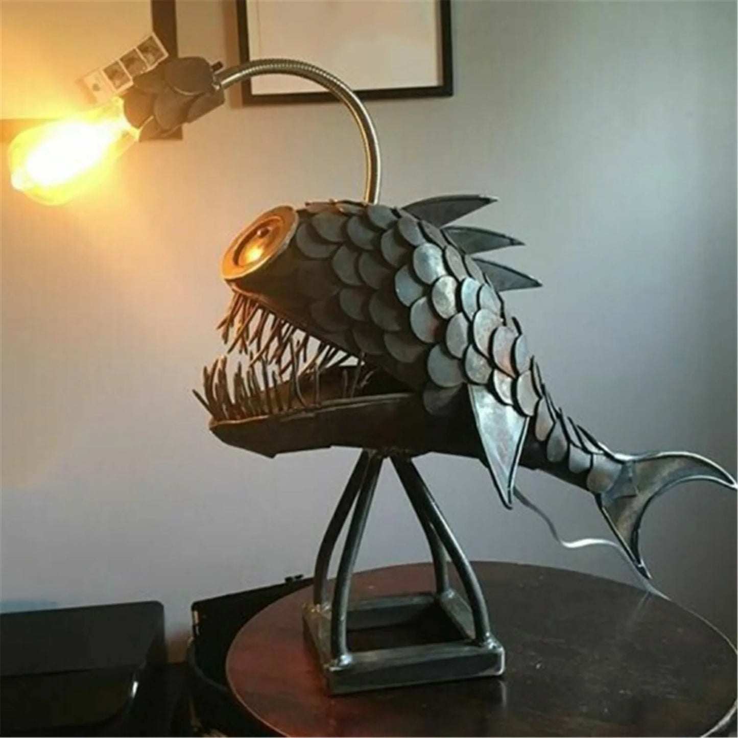 Handmade Rustic Fish Table Lamp with Adjustable Light