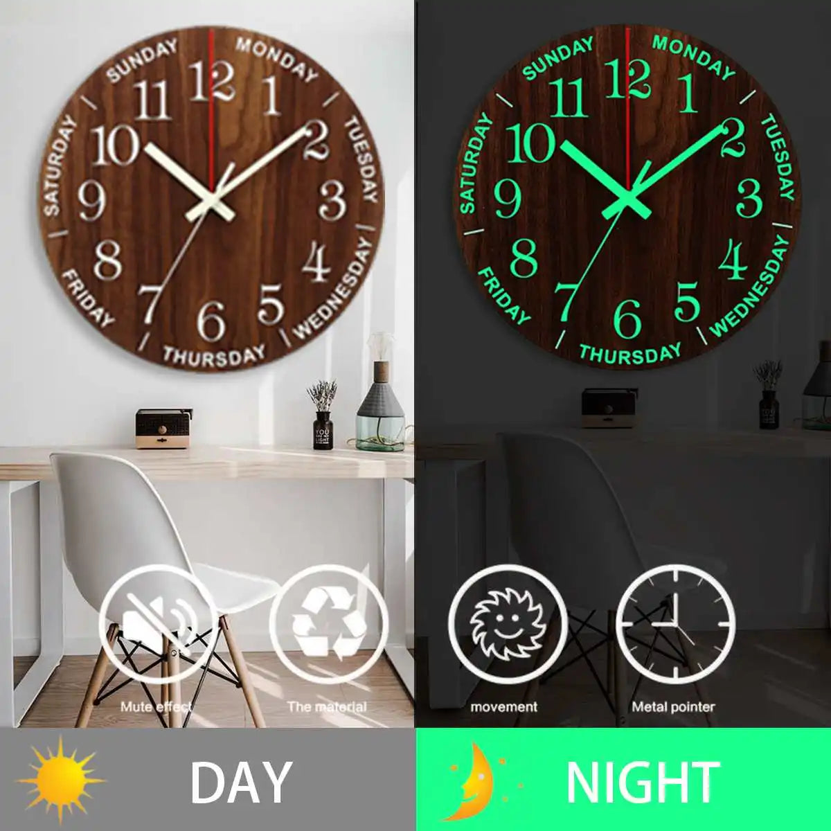 Luxe Wooden Wall Clock with Night Light and Silent Operation