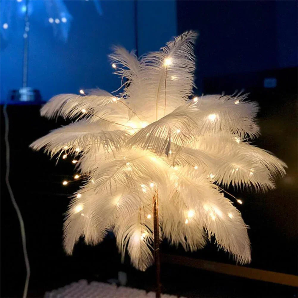 LED Feather Table Lamp with Remote Control - USB Powered Nightstand Light