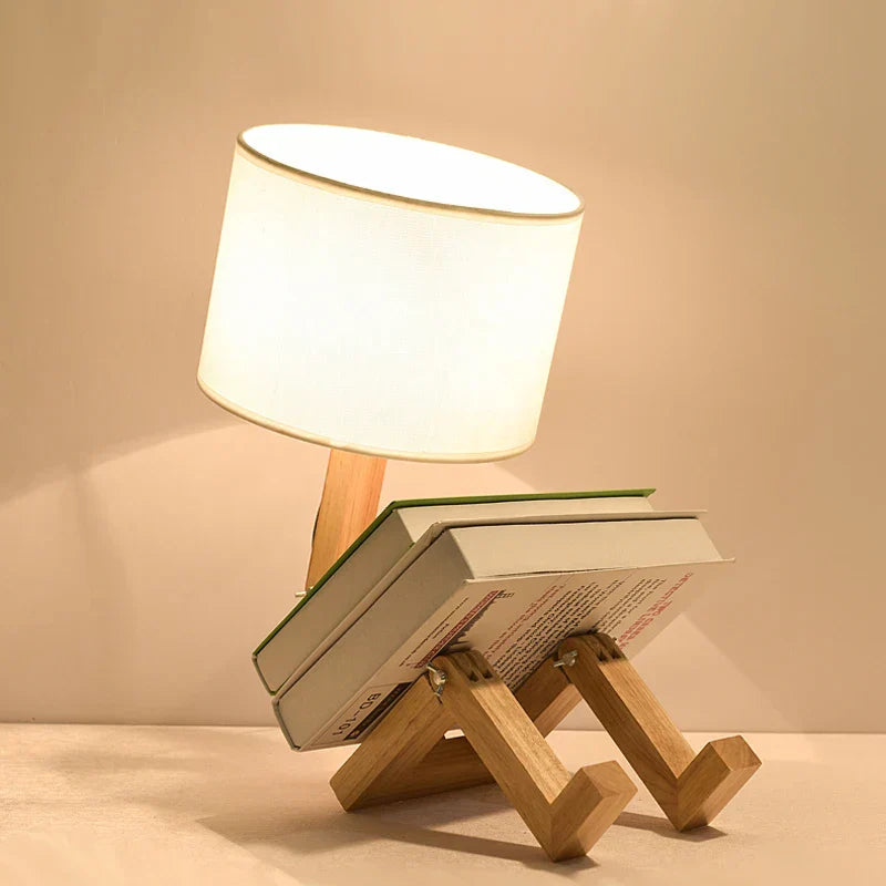 Wooden Robot Table Lamp with LED Light and Fabric Shade