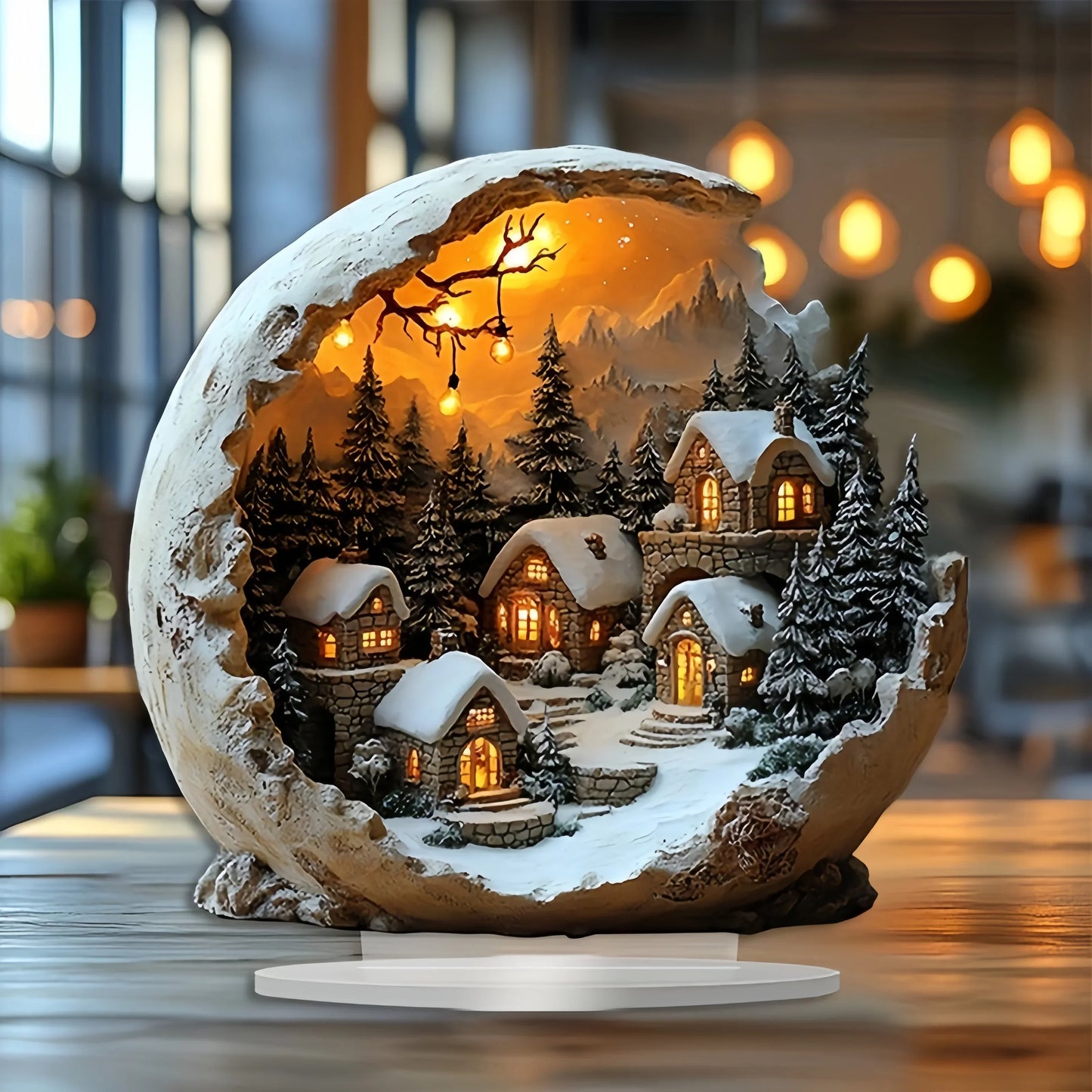 Boho Acrylic Winter Village Table Decoration with Warm Light