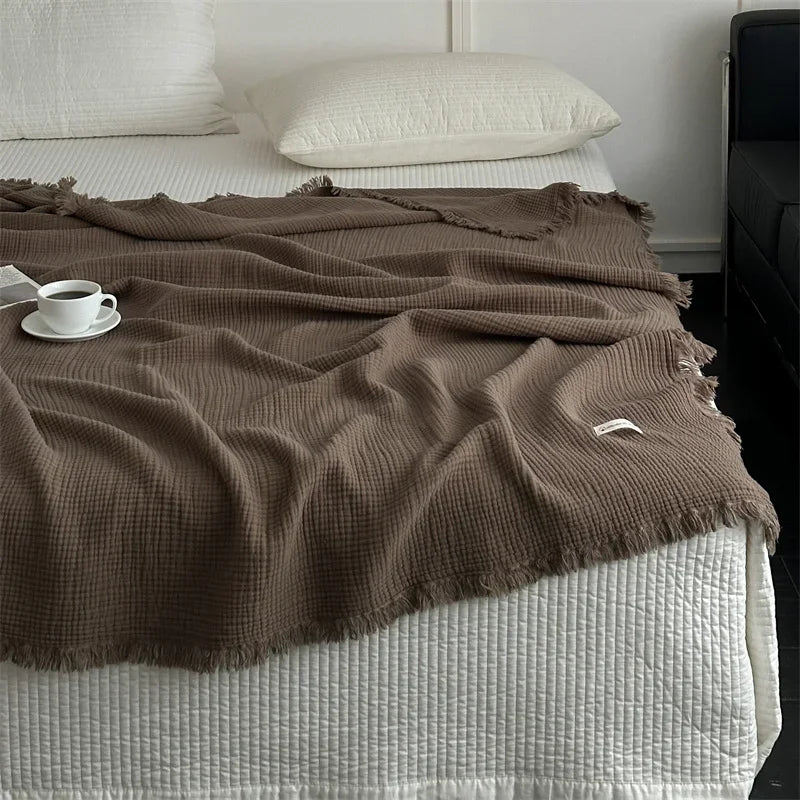 Solid Color Cotton Sofa Blanket with Fringed Edges