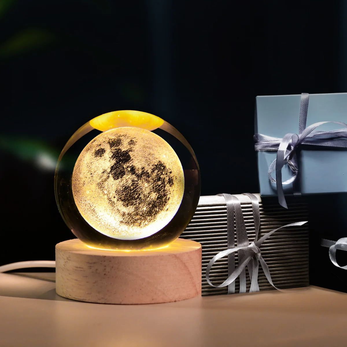 Milky Way Crystal Ball Night Light with Wooden Base