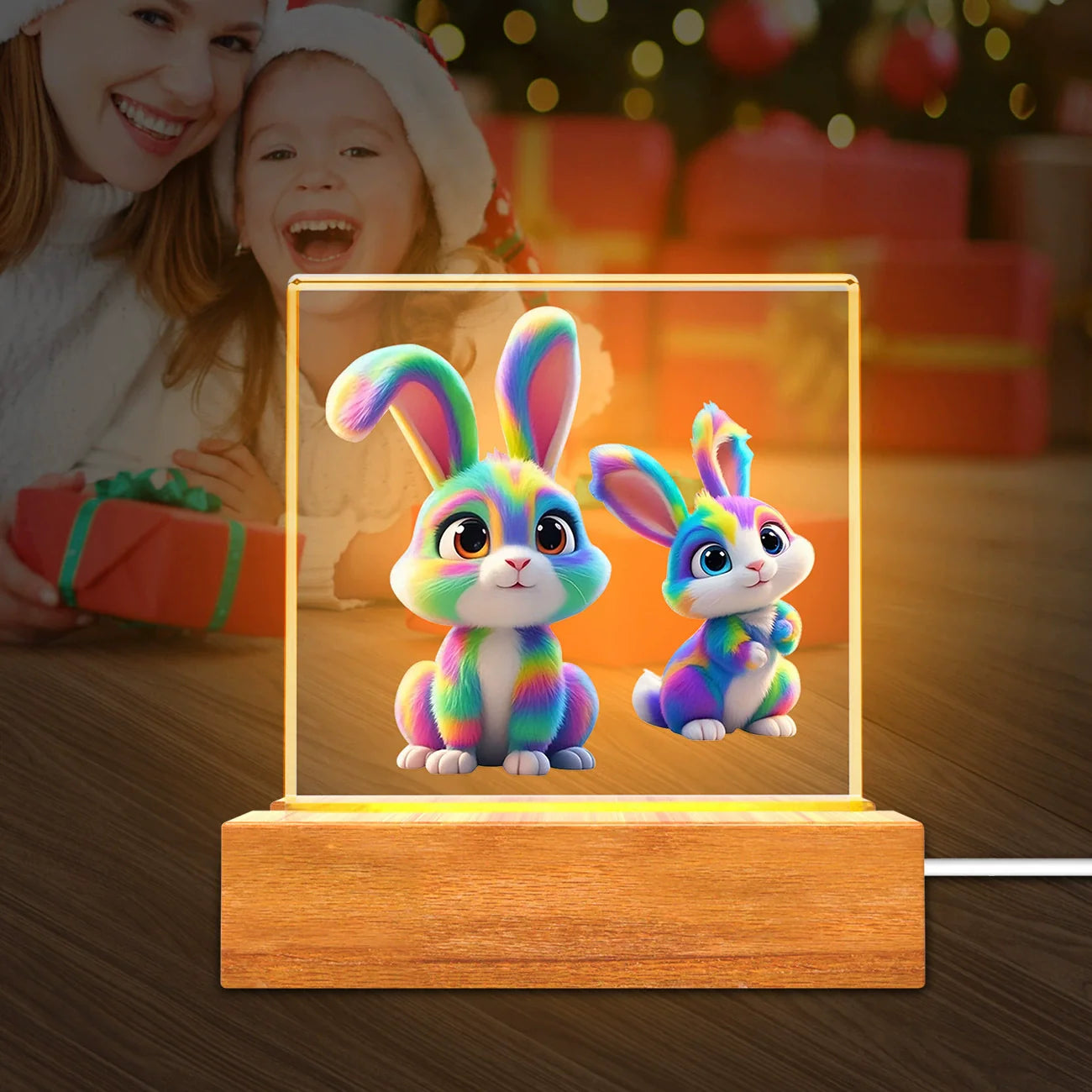 Solid Wood Base Acrylic Night Light Kids Creative Gift USB Table Lamp