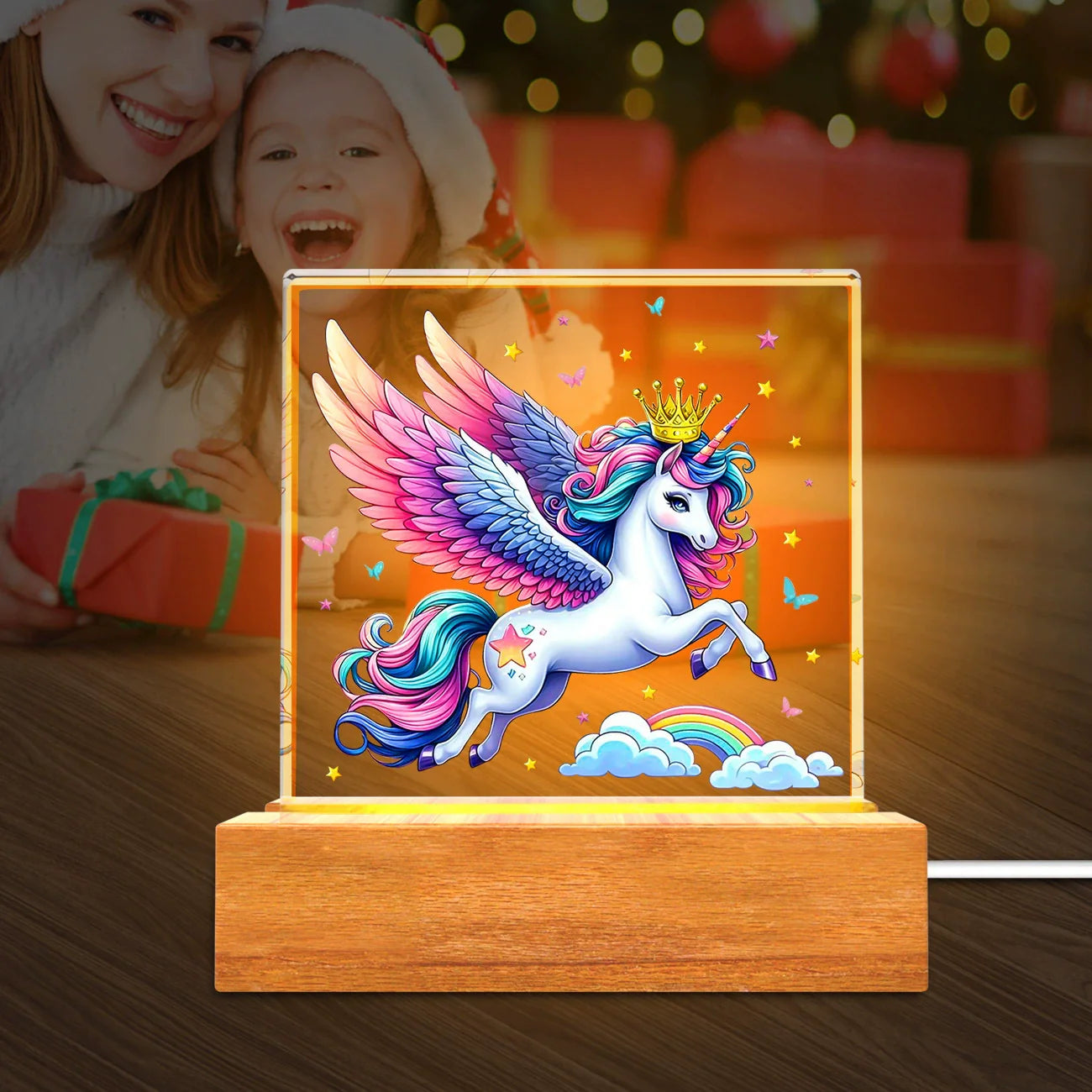 Solid Wood Base Acrylic Kids Night Light USB Table Lamp