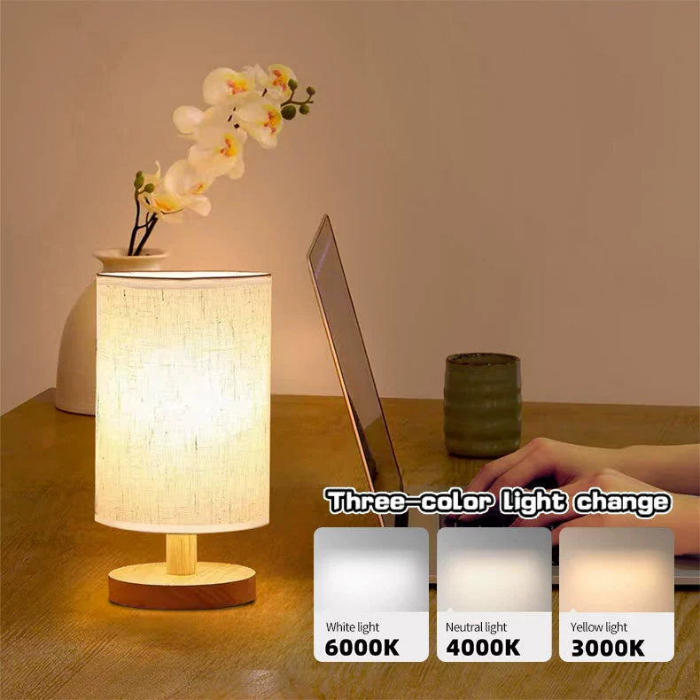 USB Solid Wood Fabric Table Lamp with LED Shade