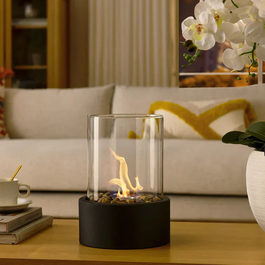 Portable Ethanol Fireplace with Glass Enclosure and Black Metal Base
