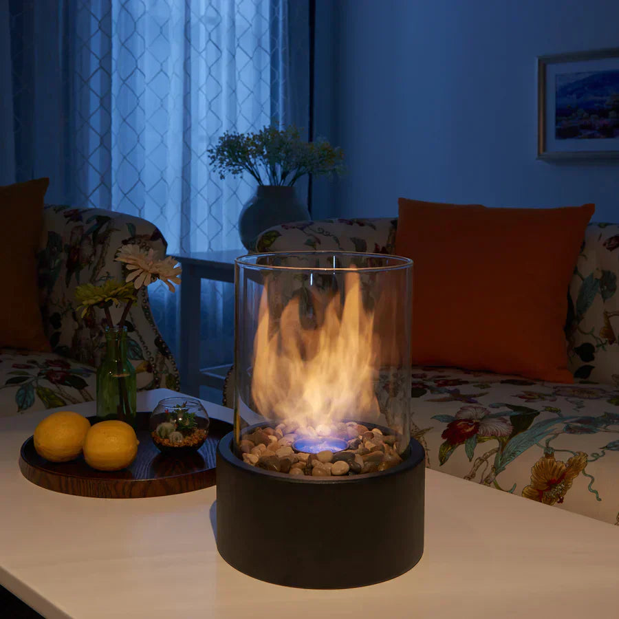 Portable Ethanol Fireplace with Glass Enclosure and Black Metal Base