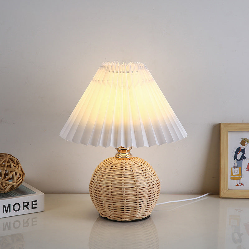 Nordic LED Table Lamp with Woven Rattan Base and Dimmable Fabric Shade