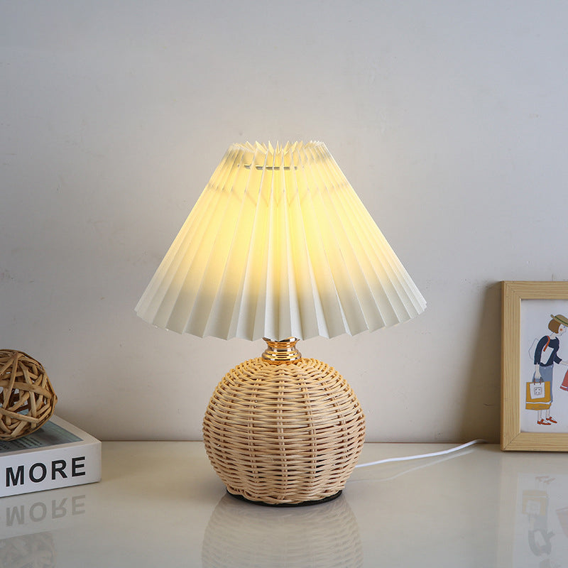 Nordic LED Table Lamp with Woven Rattan Base and Dimmable Fabric Shade