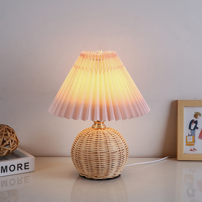 Nordic LED Table Lamp with Woven Rattan Base and Dimmable Fabric Shade