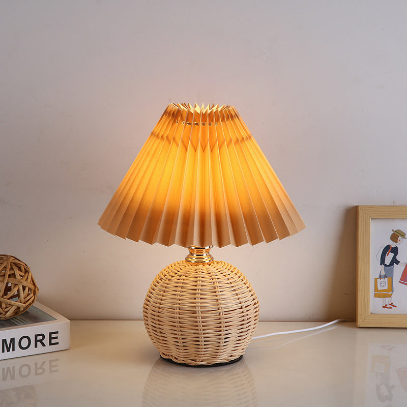 Nordic LED Table Lamp with Woven Rattan Base and Dimmable Fabric Shade
