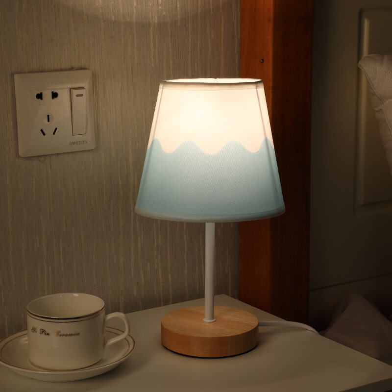 Vintage Fabric Cone Table Lamp with Solid Wood Base and Integrated LED