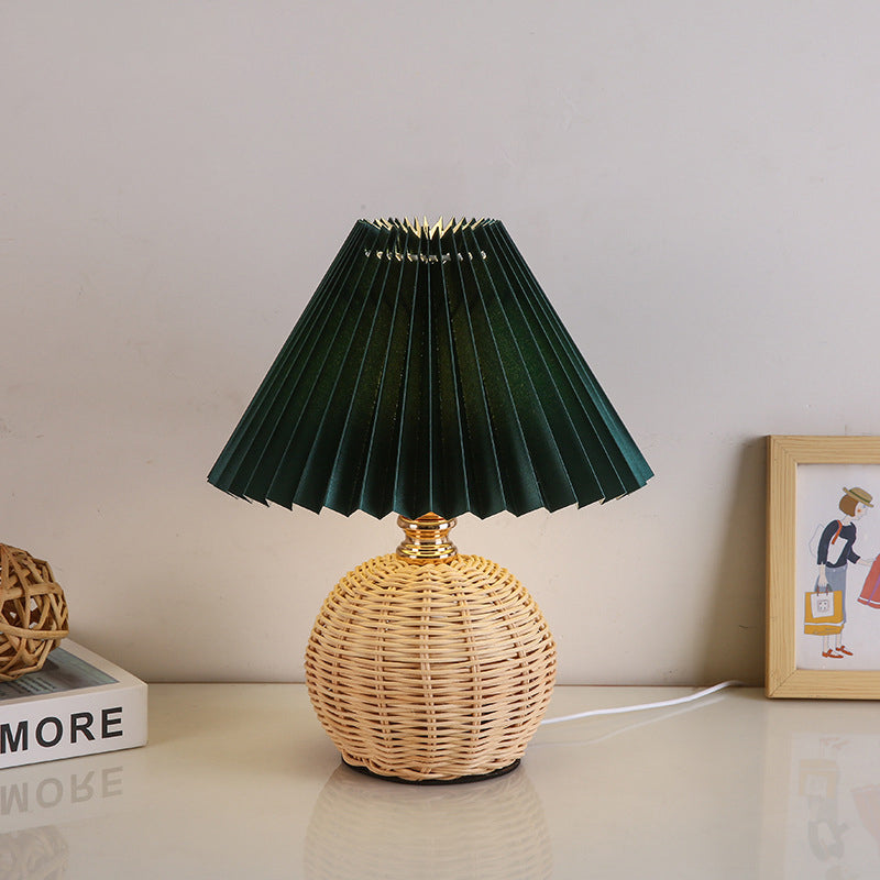 Nordic LED Table Lamp with Woven Rattan Base and Dimmable Fabric Shade