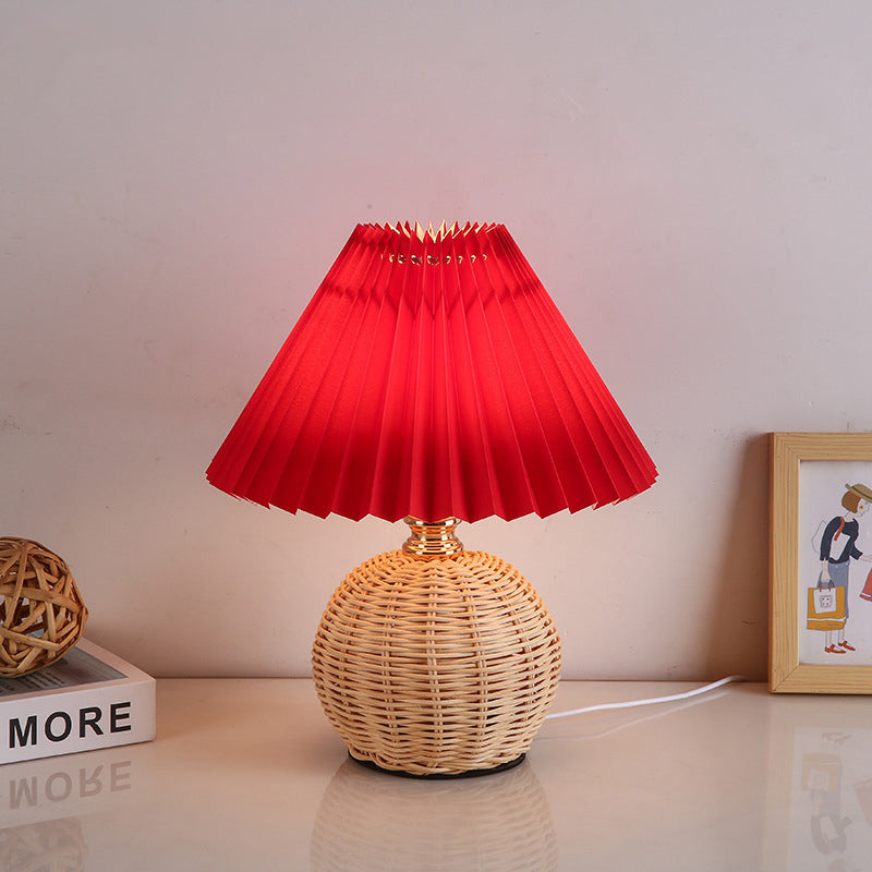 Nordic LED Table Lamp with Woven Rattan Base and Dimmable Fabric Shade