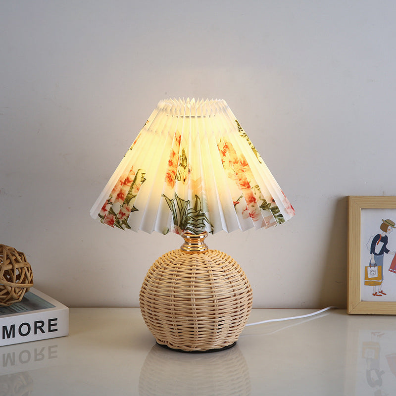 Nordic LED Table Lamp with Woven Rattan Base and Dimmable Fabric Shade