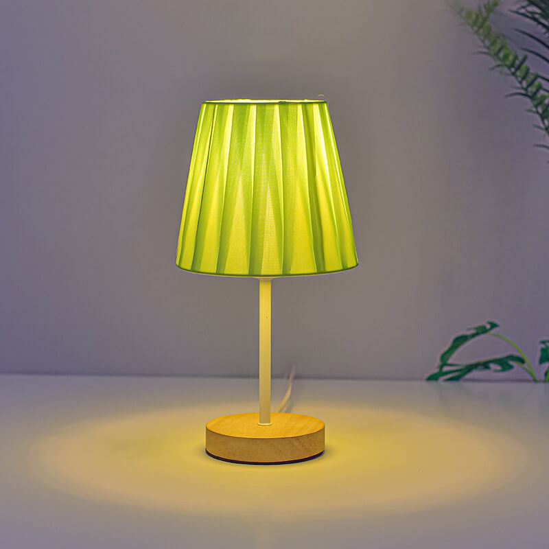 Vintage Fabric Cone Table Lamp with Solid Wood Base and Integrated LED