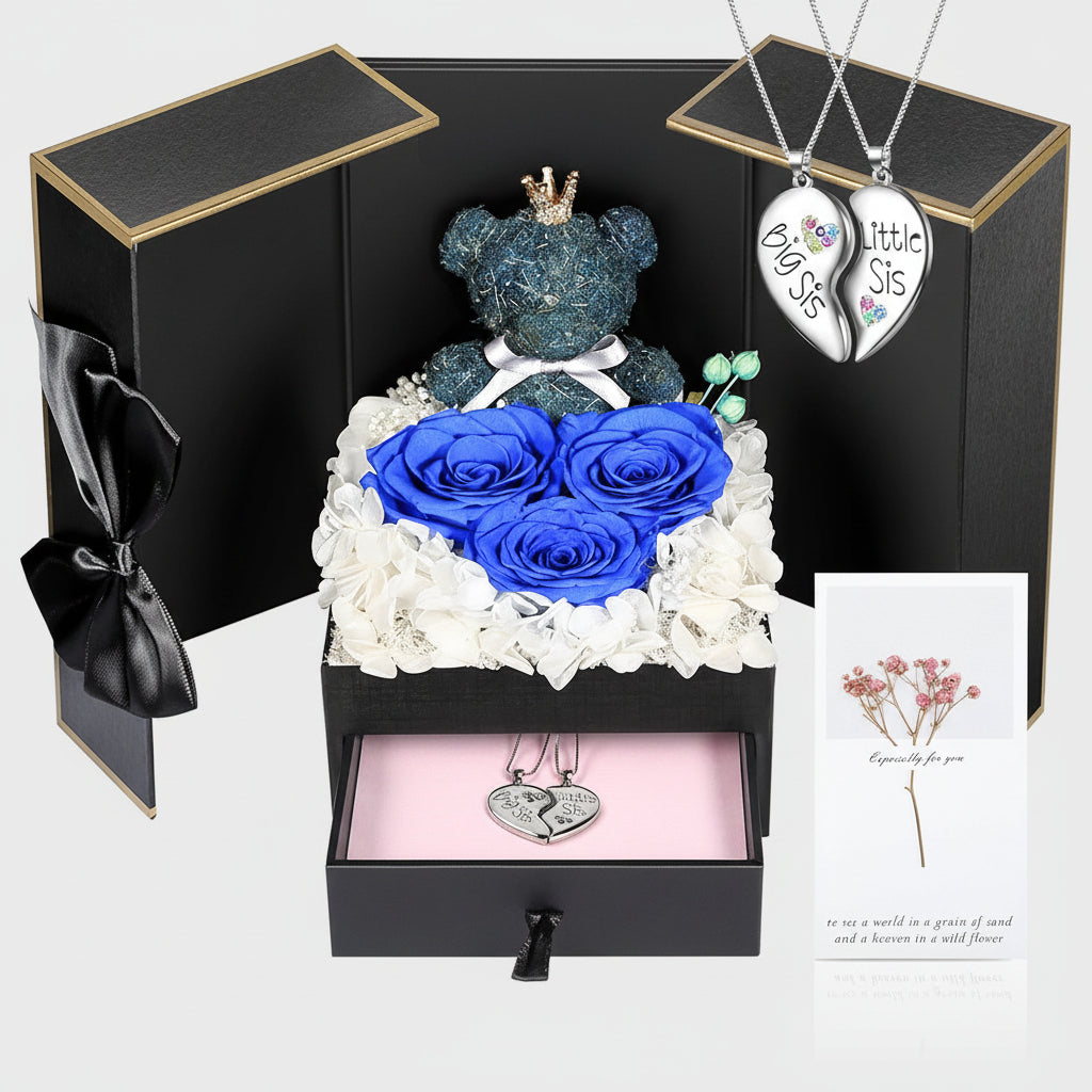 Eternal Roses with I Love You Necklace and Moss Bear Gift Set