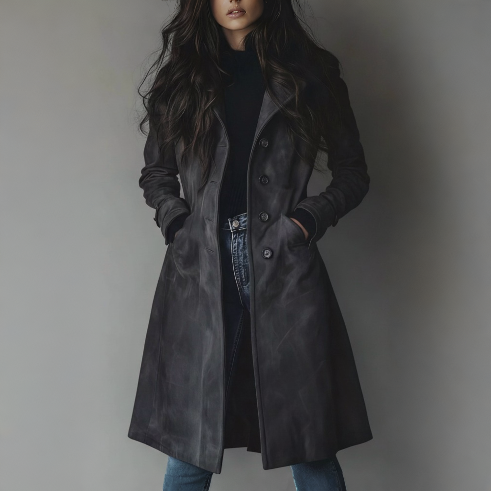 Suede Long Button Front Trench Coat for Women
