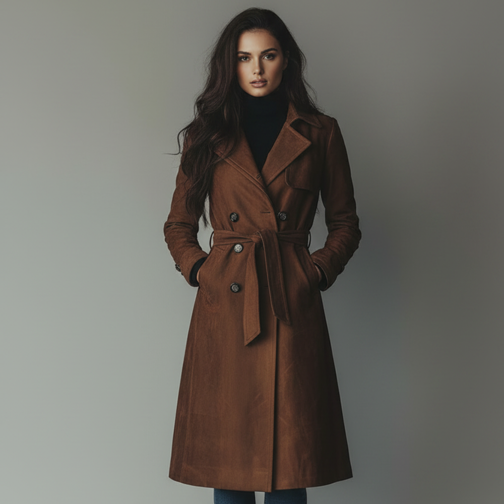 Suede Long Button Front Trench Coat for Women