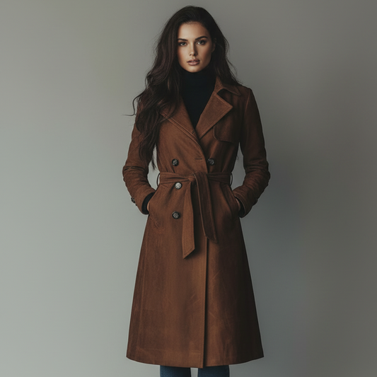 Suede Long Button Front Trench Coat for Women