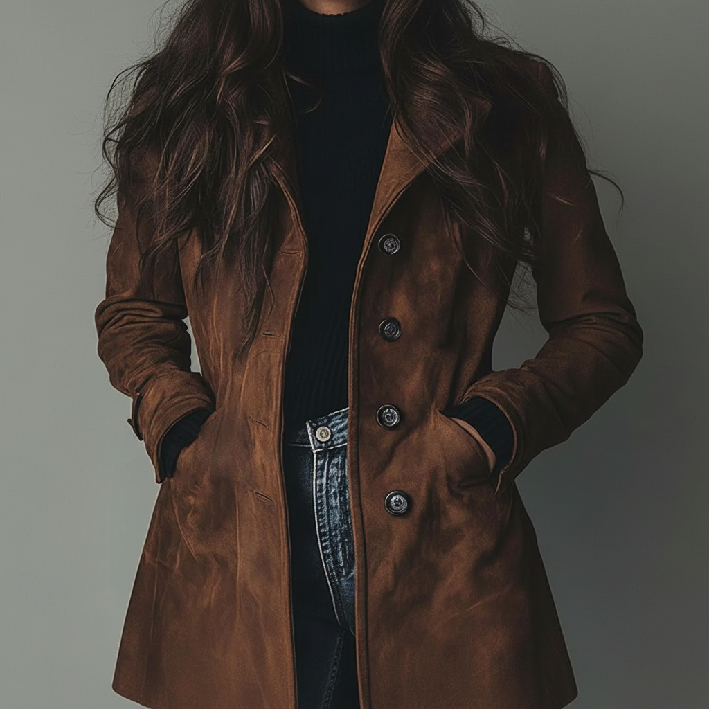 Suede Long Button Front Trench Coat for Women