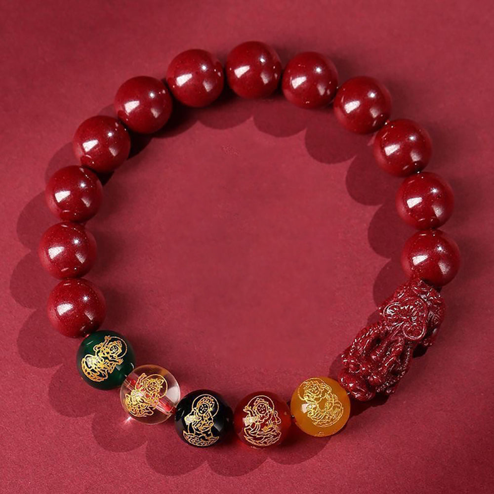 Cinnabar Bead Bracelet with Five Gods of Wealth and Pixiu