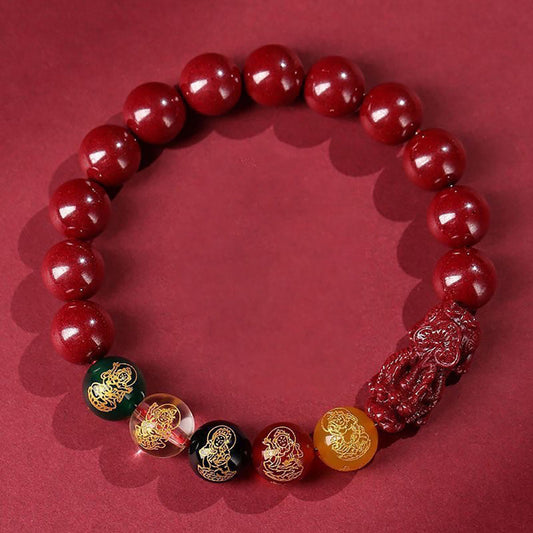 Cinnabar Bead Bracelet with Five Gods of Wealth and Pixiu