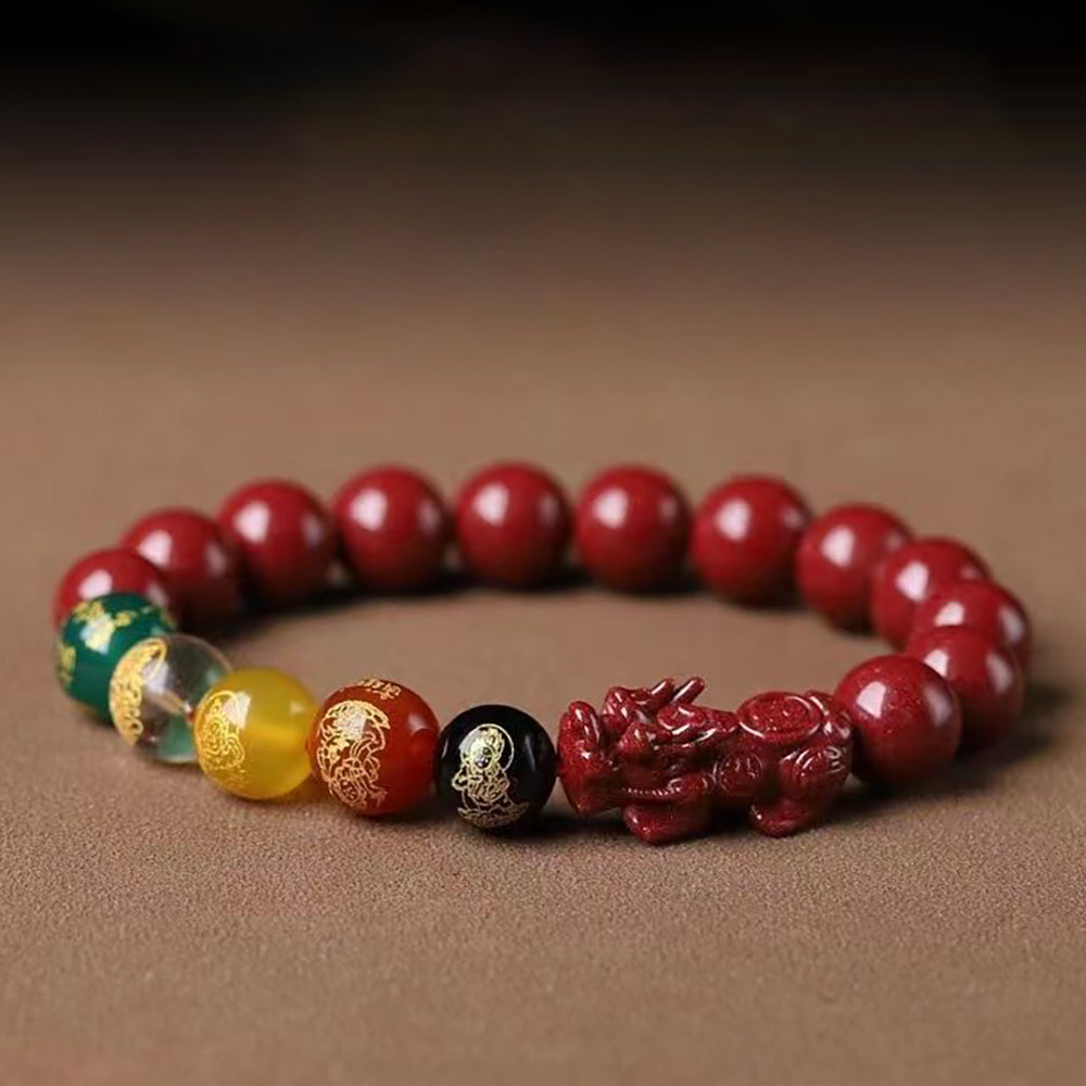 Cinnabar Bead Bracelet with Five Gods of Wealth and Pixiu