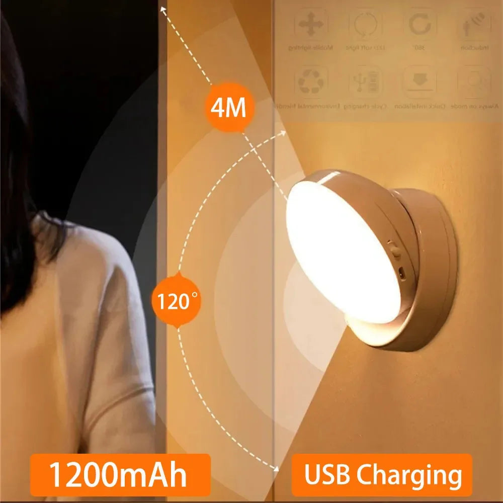 Rechargeable Motion Sensor LED Night Light with 360° Rotation and Magnetic Base