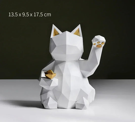 Geometric Lucky Cat Statue in Red and White Resin